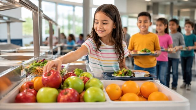 Smiling schoolgirl choosing fresh fruit and healthy food in a bright school cafeteria