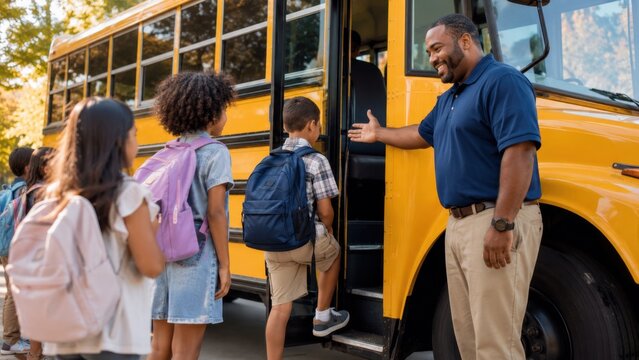 Schoolchildren with backpacks boarding a yellow school bus while a driver welcomes them