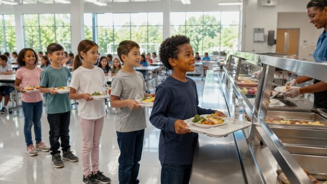Schoolchildren waiting in line with lunch trays at a bright modern school cafeteria