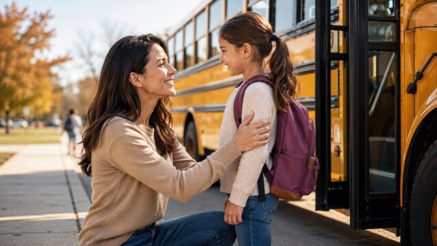 Mother saying goodbye to her schoolgirl with backpack beside a yellow school bus in autumn