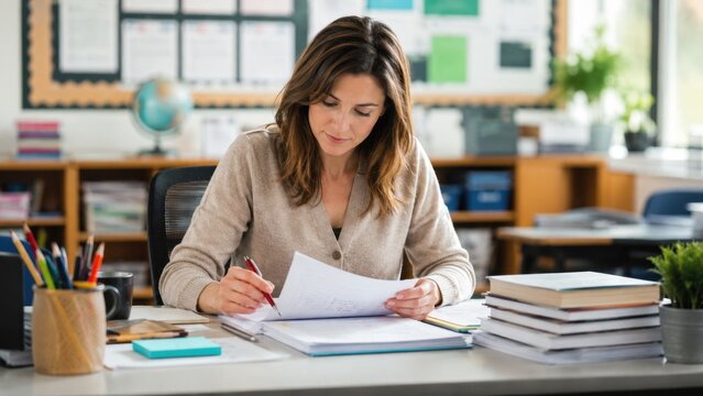 Teacher grading student assignments at a desk with books and school supplies in a classroom