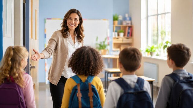 Smiling teacher welcoming elementary students with backpacks into a bright modern classroom