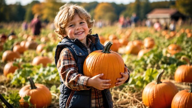 Smiling young boy holding a large orange pumpkin in a sunny autumn farm field