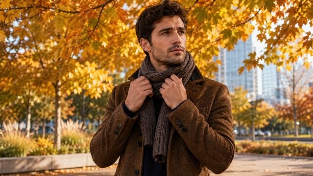 Stylish man wearing a brown coat and knitted scarf among golden autumn trees in the city