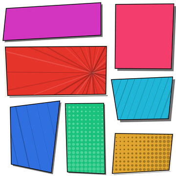 Set of colorful comic book style speech bubbles and text boxes with various patterns and bright colors isolated on transparent background