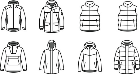 Minimalist outline vector set of diverse winter jackets outerwear puffer vests and windbreakers for modern fashion apparel design template © SunilKumar