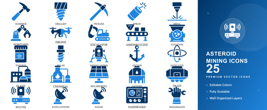 Set icon asteroid mining in space tool technology of vector futuristic cosmos industry equipment drill robot shuttle exploration science future