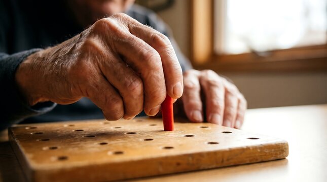 Close up shot of elderly patient hands placing colored wooden peg into pegboard during stroke recovery exercise. Warm natural light. Professional image for dexterity care.