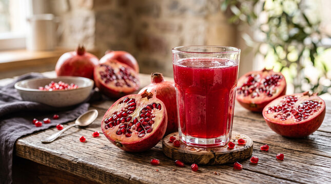Pomegranate juice is a nutrient-dense drink made from the arils of pomegranates, featuring a deep red color and rich antioxidant profile.
