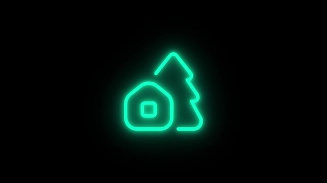 Green neon house and pine tree outline glowing on black background minimalist
