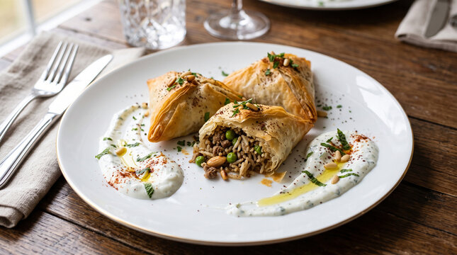 crispy, triangular phyllo pastry parcels (b&ouml;rek/samosa style) filled with a savory mixture of minced meat, rice, and peas, served alongside a creamy yogurt or labneh sauce gar
