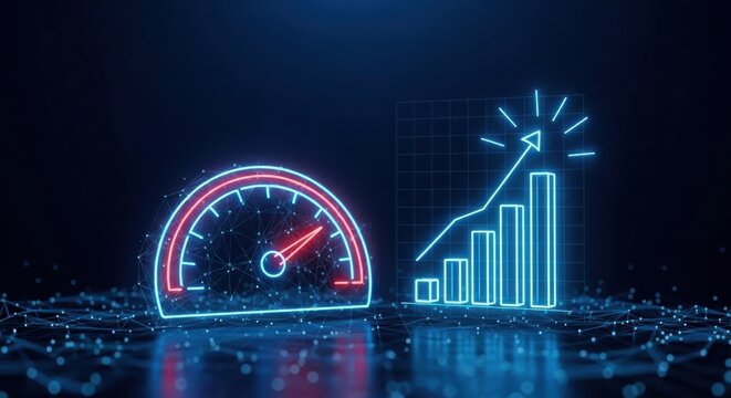 Neon speedometer and growing business graph on a dark background illustration