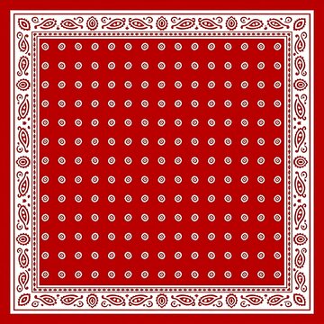 Traditional red bandana with classic white paisley and geometric pattern design