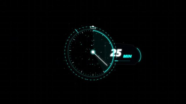 Digital stopwatch interface counting down twenty five minutes motion video footage