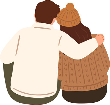 Back view illustration of a sitting couple on a bench with the man's arm around the woman's shoulder