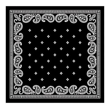 Black and white bandana with traditional paisley pattern and geometric shapes