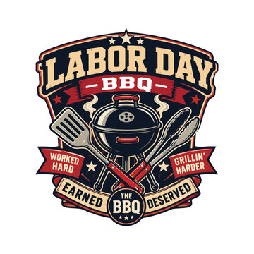 Labor Day BBQ vintage emblems with badge and grill cooking utensils. Retro vector patch design for american holiday shirt print. Set of 2 shirt graphics.