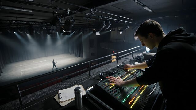 Sound Engineer at Control Panel Overseeing Empty Theater Stage
