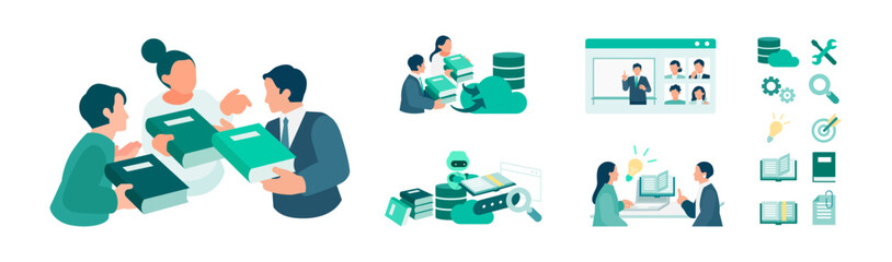 Fototapeta premium Strategic knowledge management solution resolving individual dependency through automated AI search, integrated database architecture, and structured data governance to ensure seamless operations
