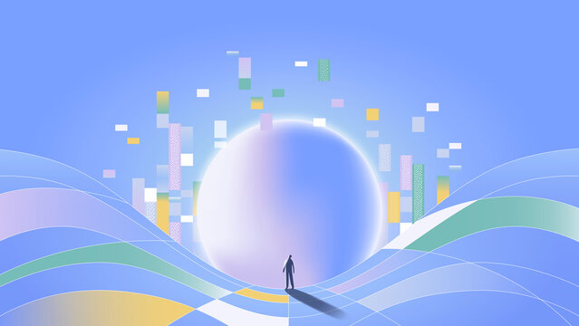 person facing glowing sphere &ndash; concept of future technology