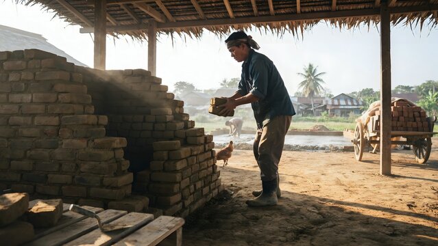 Worker Handling Bricks in Rural Setting Under Natural Light