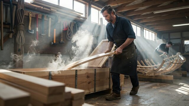 Crafting Wooden Boat in Workshop with Smoke and Natural Light