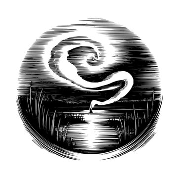 Swirling cloud over dark night landscape engraving