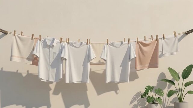 Minimalist White Laundry Hanging on Clothesline Outdoors