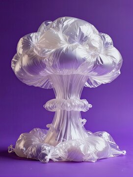 A surreal miniature mushroom-cloud sculpture made from transparent inflated plastic bags, soft rounded vapor-like forms and highly detailed wrinkles, luminous reflective surface