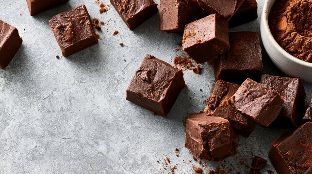 A commercial composition featuring foolproof chocolate fudge arranged around frame borders while maintaining a clean center for branding