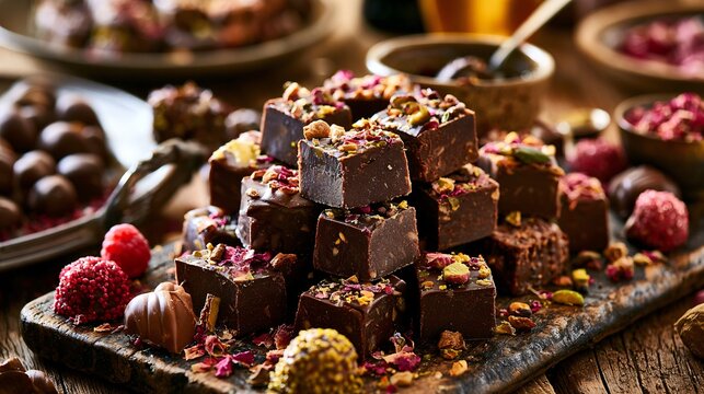A confectionery shop-inspired composition featuring foolproof chocolate fudge displayed beside artisan chocolates and handcrafted sweets