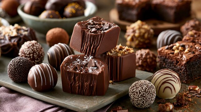 A dessert abundance composition featuring foolproof chocolate fudge paired with truffles, brownies, and artisan chocolate treats