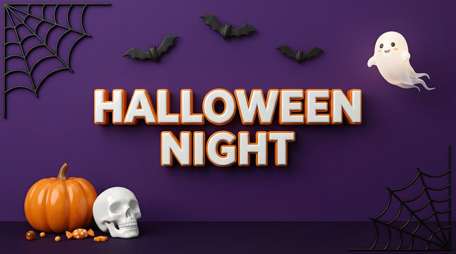 A spooky halloween night scene featuring bats ghosts pumpkins and a creepy skull illustration