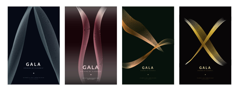 Abstract luxury dark poster template collection with elegant metallic flowing wave lines, modern gala invitation background