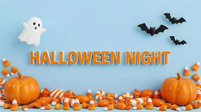 A spooky and sweet halloween scene featuring pumpkins ghosts bats and a variety of delicious treats