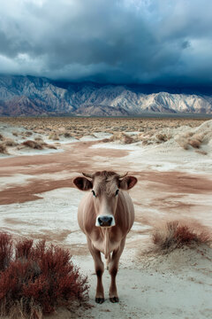 Cow standing in arid desert landscape with stormy sky