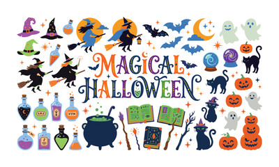 Fototapeta premium A festive collection of spooky halloween elements including pumpkins ghosts bats and a haunted house on white background