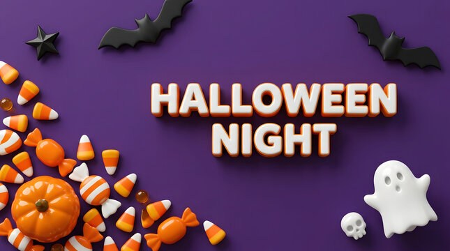 A spooky and delightful halloween night scene filled with pumpkins candy corn bats and a friendly ghost