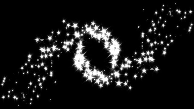 Twinkling star glitter line animation with glowing white particles, glowing 2D star sparkle animation, doodle cartoon twinkling stars with glitter burst effect on black background.4k video