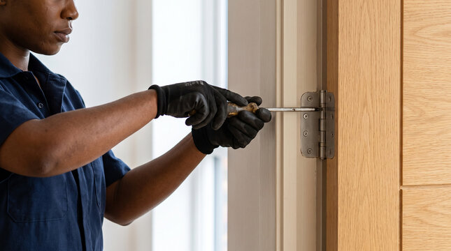 Housing rental, Black woman repairing apartment door