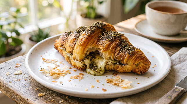 a savory cheese and za'atar croissant topped with a blend of dried herbs and sesame seeds, served warm on a white plate with a cup of tea.