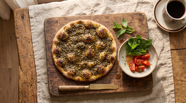 Za'atar manakish is a traditional Lebanese flatbread topped with a fragrant blend of wild thyme, sesame seeds, and extra-virgin olive oil. 