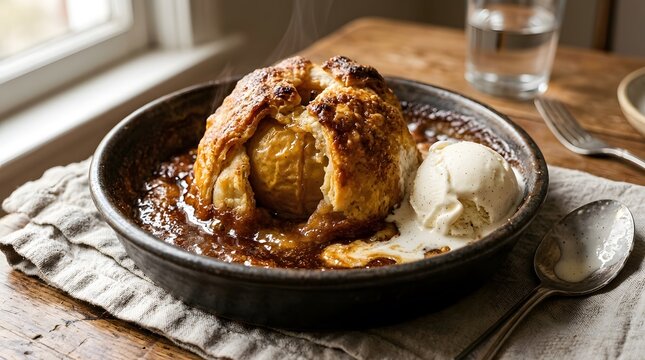 Baked apple dumpling with vanilla ice cream in a rustic bowl on a wooden table perfect for National Apple Dumpling Day