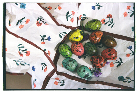 Bird eggs rest on colorful napkin in a warm sunlit corner