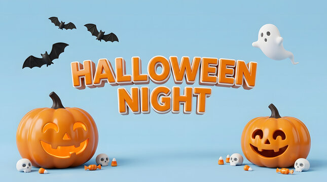 A spooky and delightful halloween night scene featuring jack o' lanterns bats and a friendly ghost