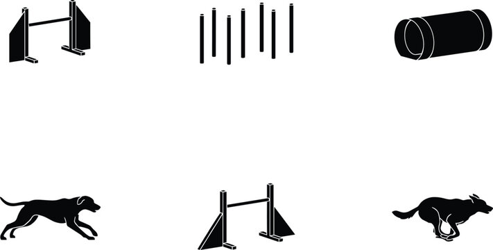 Dog agility course elements and jumping dogs vector icons on transparent