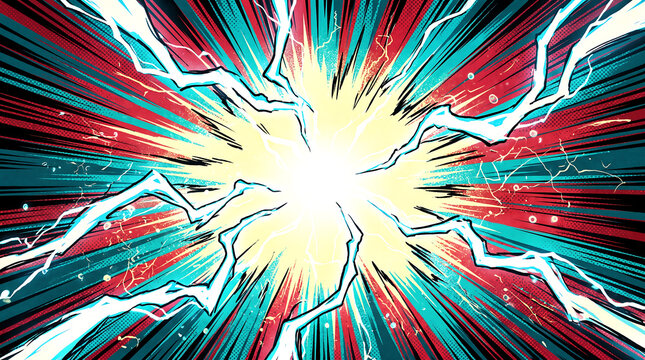 Electric lightning bolts erupt with vibrant neon colors across this intense comic book style graphic illustration
