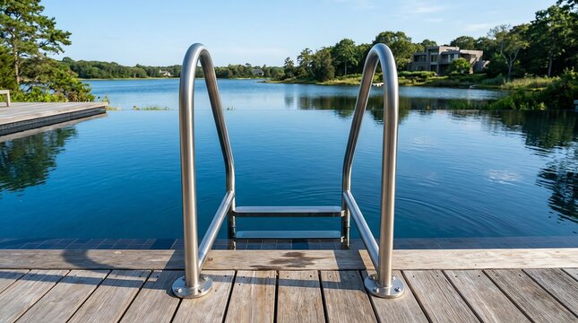 Serene Swimming Pool with Metal Ladder and Natural Surroundings.