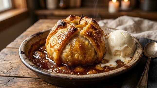 Baked apple dumpling in pastry crust served with vanilla ice cream on a rustic wooden table perfect for National Apple Dumpling Day