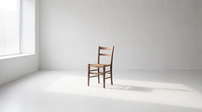 A single wooden chair standing in an empty white room with soft lighting and a minimalist aesthetic